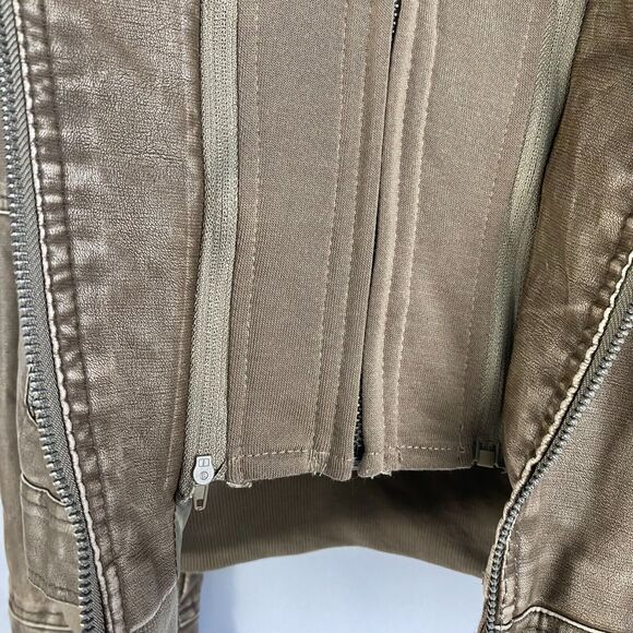 LOCK & LOVE Hooded Aviator Waxed Jacket Women XL Tan Faux Leather Bikercore NEW - Picture 6 of 12